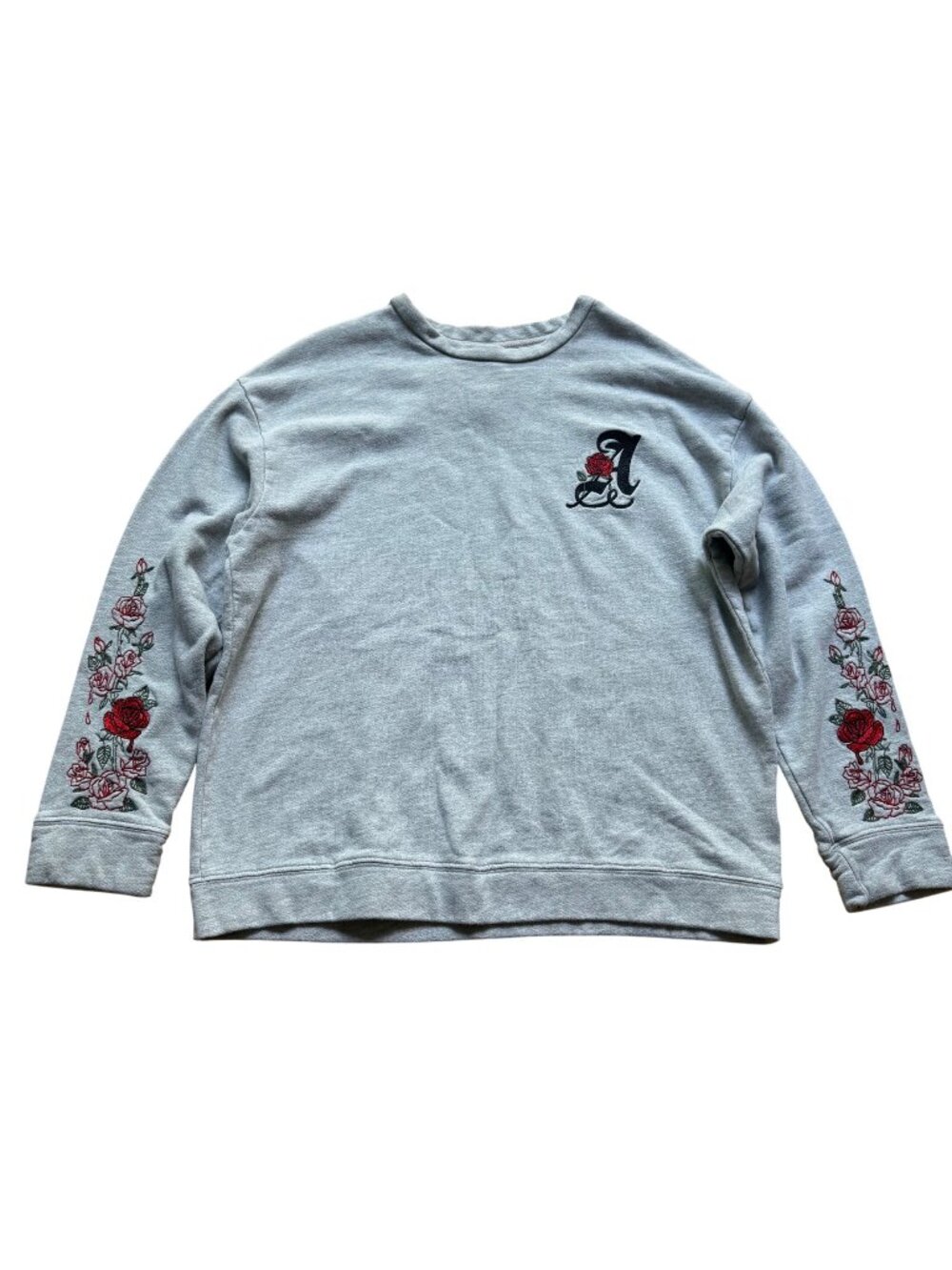 Adaptation Post LA Size L Gray Red Rose Floral Embroidered Crewneck Sweatshirt